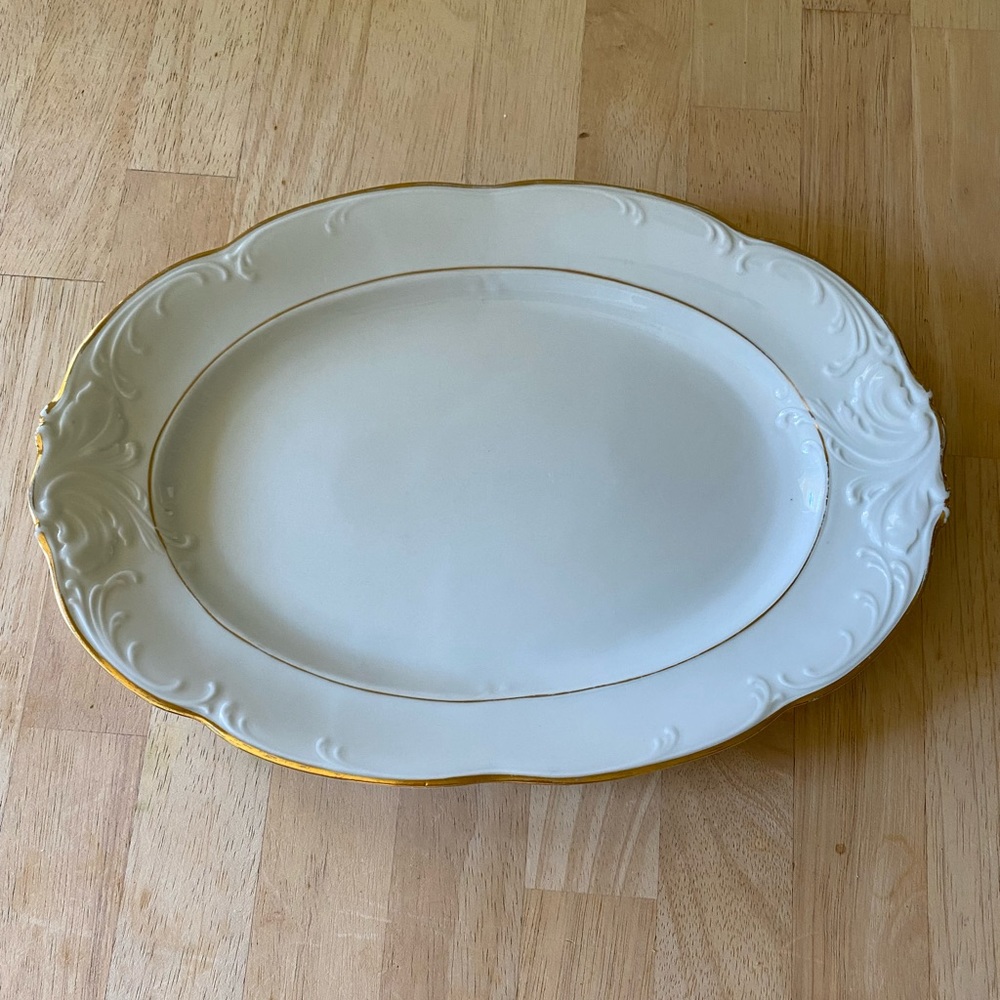 Vintage Walbrzych Glory gold rimmed China 15” serving platter. Gorgeous pattern